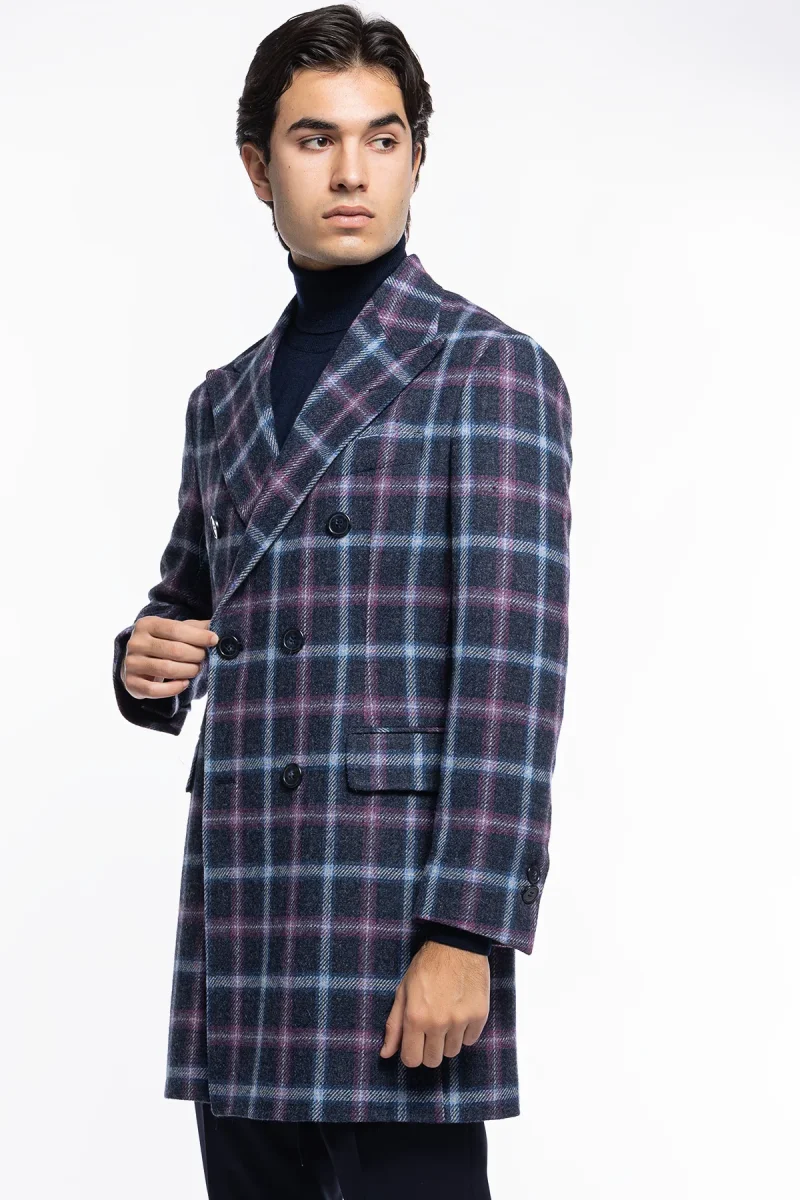 Cappotto uomo blu fantasia quadri doppiopetto in pura lana Holland & Sherry rever 13cm con martingala - immagine 4