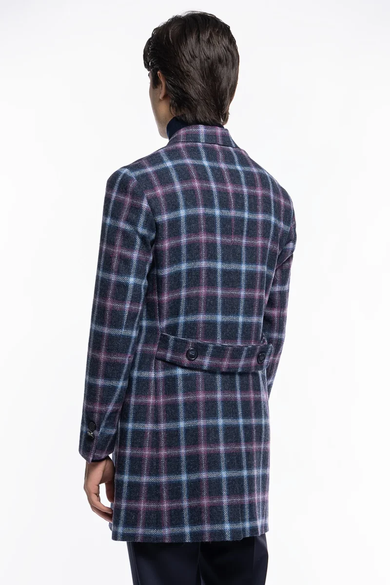 Cappotto uomo blu fantasia quadri doppiopetto in pura lana Holland & Sherry rever 13cm con martingala - immagine 5