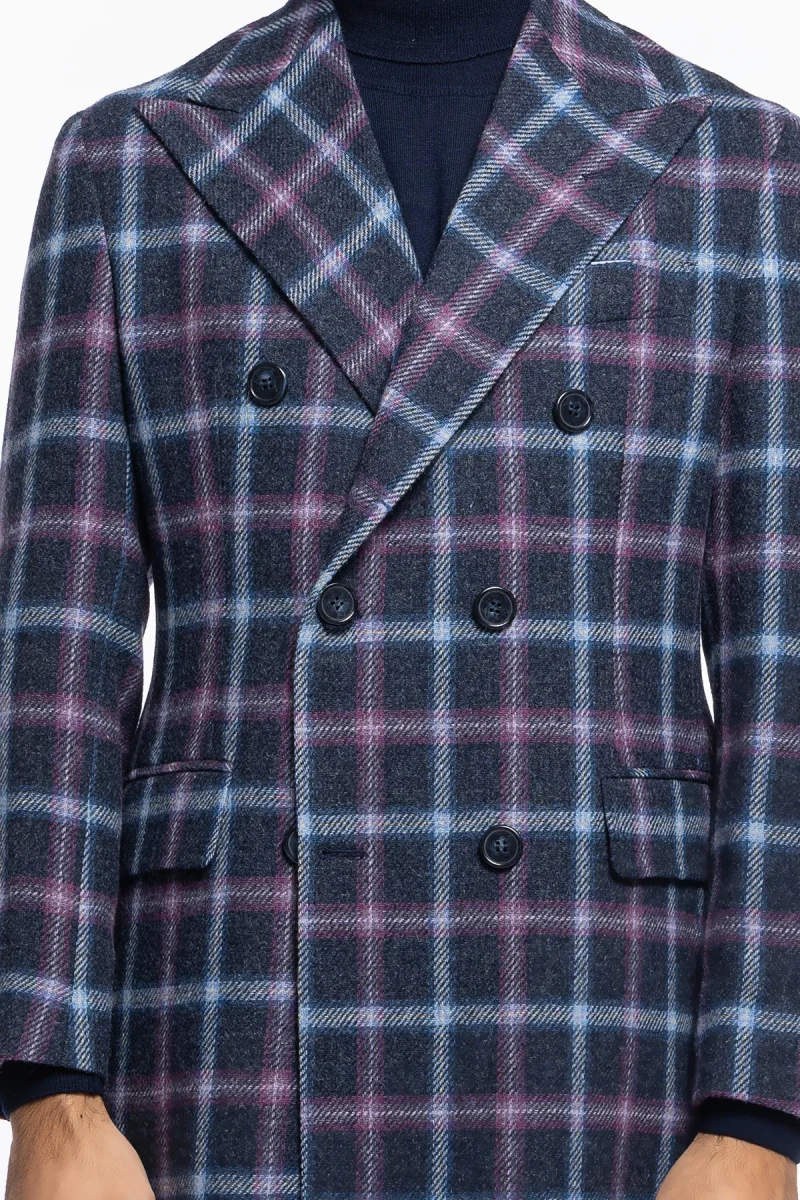 Cappotto uomo blu fantasia quadri doppiopetto in pura lana Holland & Sherry rever 13cm con martingala - immagine 6