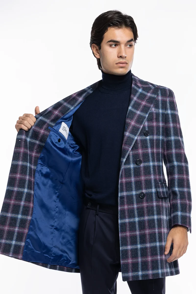 Cappotto uomo blu fantasia quadri doppiopetto in pura lana Holland & Sherry rever 13cm con martingala - immagine 7