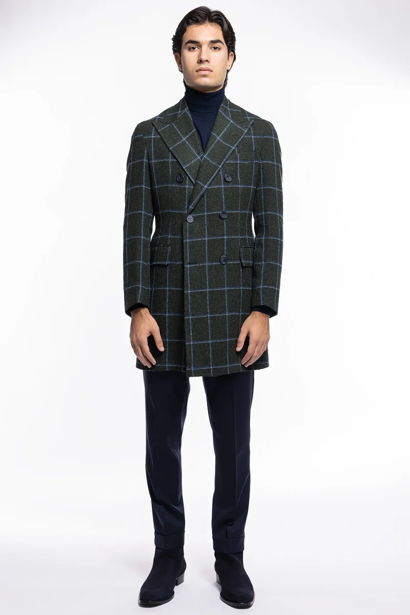 Cappotto uomo verde fantasia quadri doppiopetto in pura lana Holland & Sherry rever 13cm con martingala - immagine 3