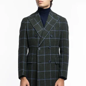 Cappotto uomo verde fantasia quadri doppiopetto in pura lana Holland & Sherry rever 13cm con martingala