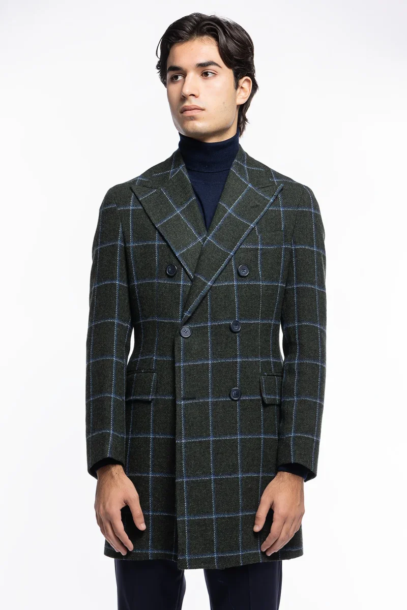 Cappotto uomo verde fantasia quadri doppiopetto in pura lana Holland & Sherry rever 13cm con martingala - immagine 2