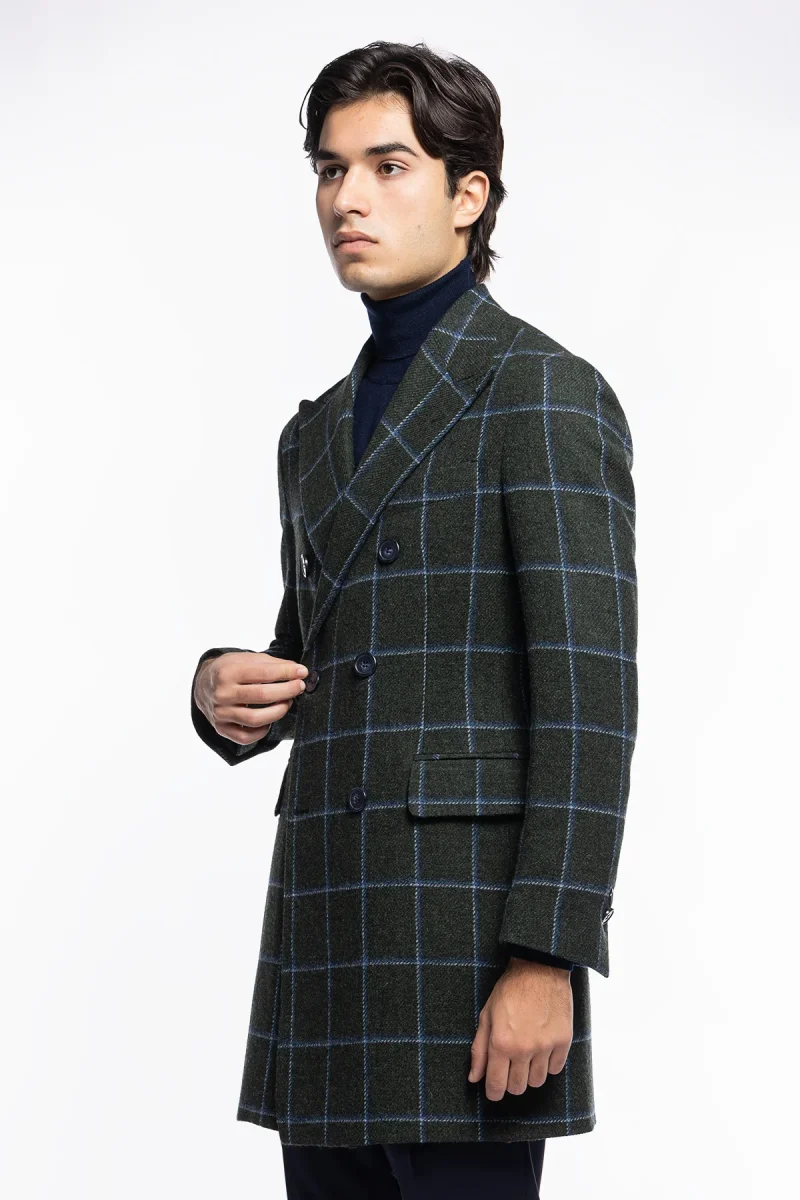 Cappotto uomo verde fantasia quadri doppiopetto in pura lana Holland & Sherry rever 13cm con martingala - immagine 4