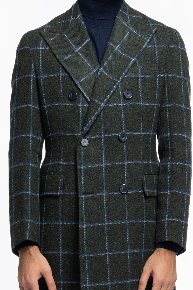 Cappotto uomo verde fantasia quadri doppiopetto in pura lana Holland & Sherry rever 13cm con martingala - immagine 6