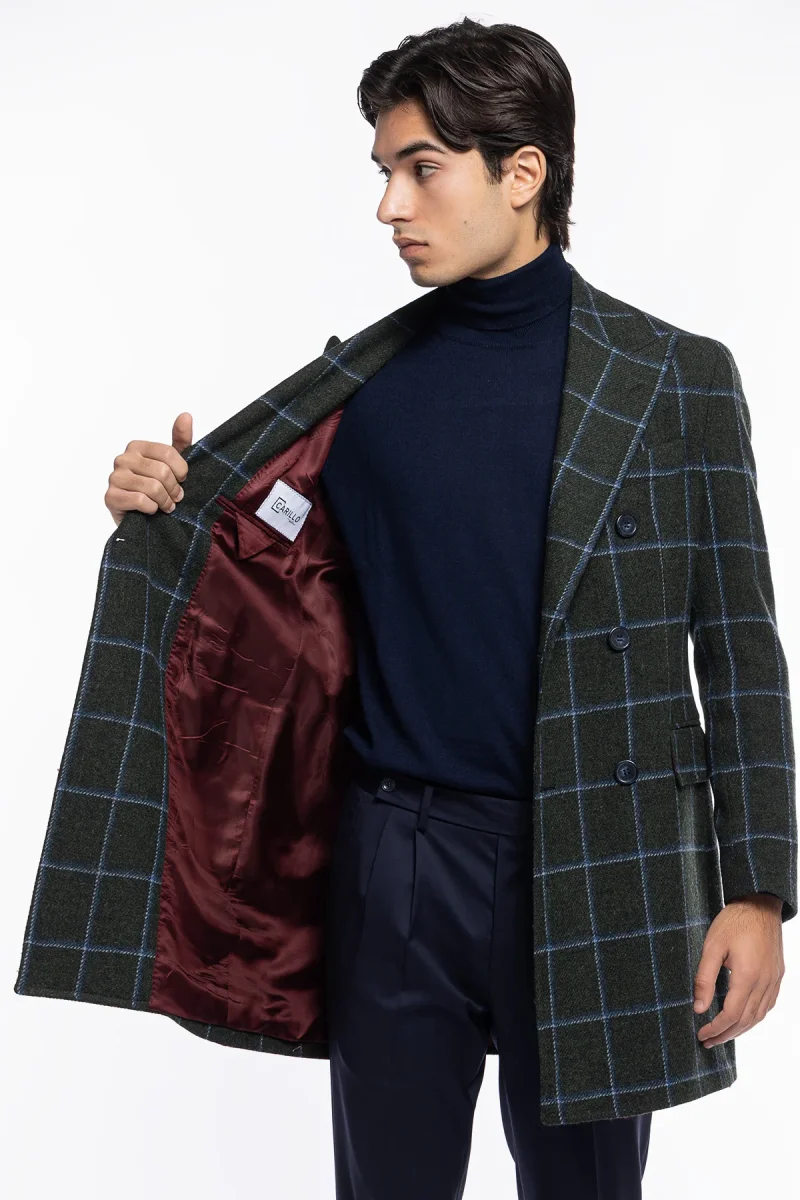 Cappotto uomo verde fantasia quadri doppiopetto in pura lana Holland & Sherry rever 13cm con martingala - immagine 7