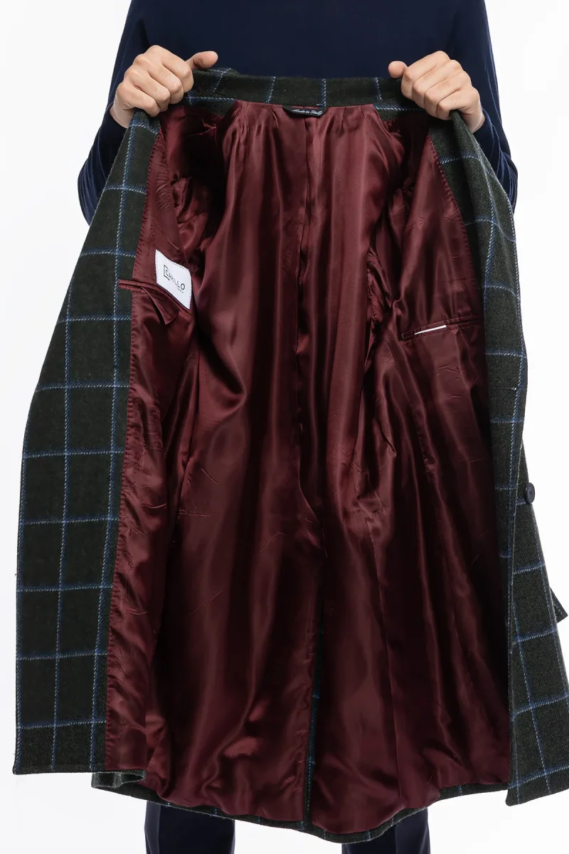 Cappotto uomo verde fantasia quadri doppiopetto in pura lana Holland & Sherry rever 13cm con martingala - immagine 8