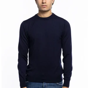 Maglioncino girocollo uomo Blu 100% lana merinos slim fit made in Italy