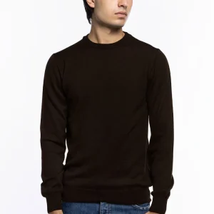 Maglioncino girocollo uomo Marrone 100% lana merinos slim fit made in Italy