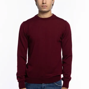 Maglioncino girocollo uomo bordeaux 100% lana merinos slim fit made in Italy
