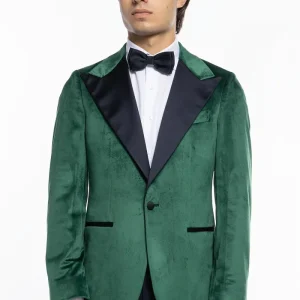 Giacca uomo Monopetto verde in velluto liscio con rever in raso blu notte sartoriale slim fit