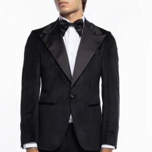 Giacca uomo Monopetto nera in velluto liscio con rever in raso nero sartoriale slim fit