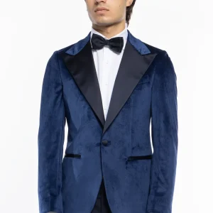 Giacca uomo Monopetto royal blu in velluto liscio con rever in raso blu notte sartoriale slim fit