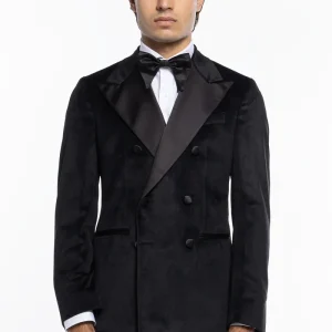 Giacca uomo Doppiopetto nera in velluto liscio con rever in raso nero sartoriale slim fit