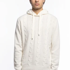 Maglione da uomo bianco con cappuccio modello felpa in lana cashmere e treccia interna made in italy
