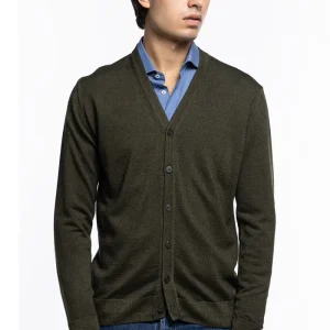 Cardigan uomo verde militare in lana merinos 100% stone wash slim fit made in Italy