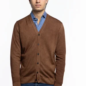 Cardigan uomo Marrone in lana merinos 100% stone wash slim fit made in Italy