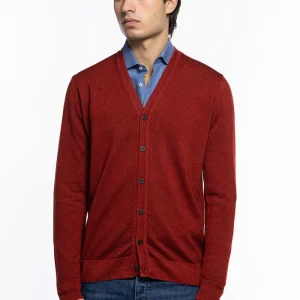 Cardigan uomo rosso in lana merinos 100% stone wash slim fit made in Italy