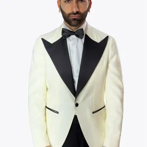 Giacca smoking da uomo bianco monopetto in fresco lana super 140’s Bristol Tessuti Napoli con rever a Lancia largo