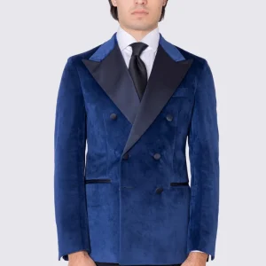 Giacca uomo Doppiopetto royal blu in velluto liscio con rever in raso blu notte sartoriale slim fit