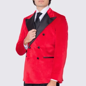 Giacca uomo Doppiopetto Rossa in velluto liscio con rever in raso nero sartoriale slim fit