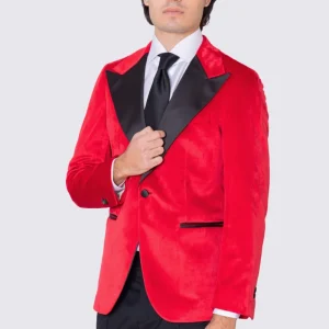 Giacca uomo Monopetto Rossa in velluto liscio con rever in raso nero sartoriale slim fit