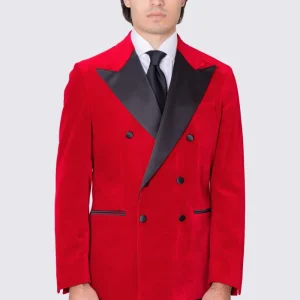Giacca uomo Doppiopetto Rossa in velluto liscio Holland & Sherry con rever a lancia largo