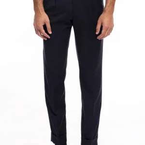 Pantalone uomo blu vita alta doppia pinces effetto fresco lana