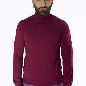 Maglioncino collo alto da uomo bordeaux 100% lana merinos slim fit made in Italy