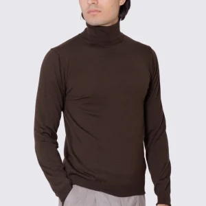 Maglioncino collo alto da uomo marrone 100% lana merinos slim fit made in Italy