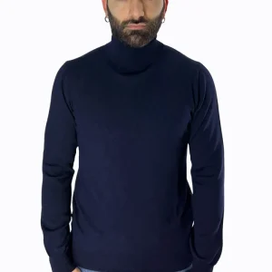 Maglioncino collo alto da uomo blu 100% lana merinos slim fit made in Italy