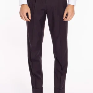 Pantalone uomo viola in fresco lana 120’s Holland & Sherry vita alta doppia pinces e risvolto 5cm