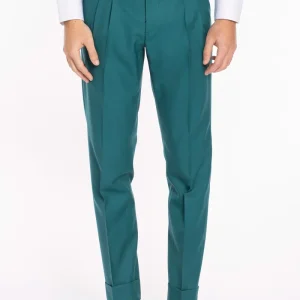 Pantalone uomo verde menta in fresco lana super 140’s Holland & Sherry vita alta doppia pinces e risvolto 5cm
