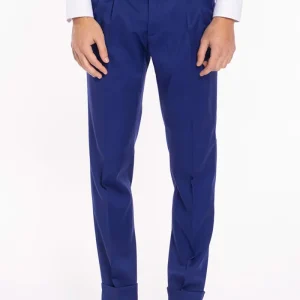 Pantalone uomo royal blu in fresco lana super 130’s Vitale Barberis Canonico vita alta doppia pinces e risvolto 5cm