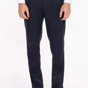 Pantalone uomo blu notte in fresco lana super 130’s Vitale Barberis Canonico vita alta doppia pinces e risvolto 5cm