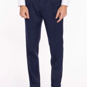 Pantalone uomo blu in fresco lana super 130’s Vitale Barberis Canonico vita alta doppia pinces e risvolto 5cm