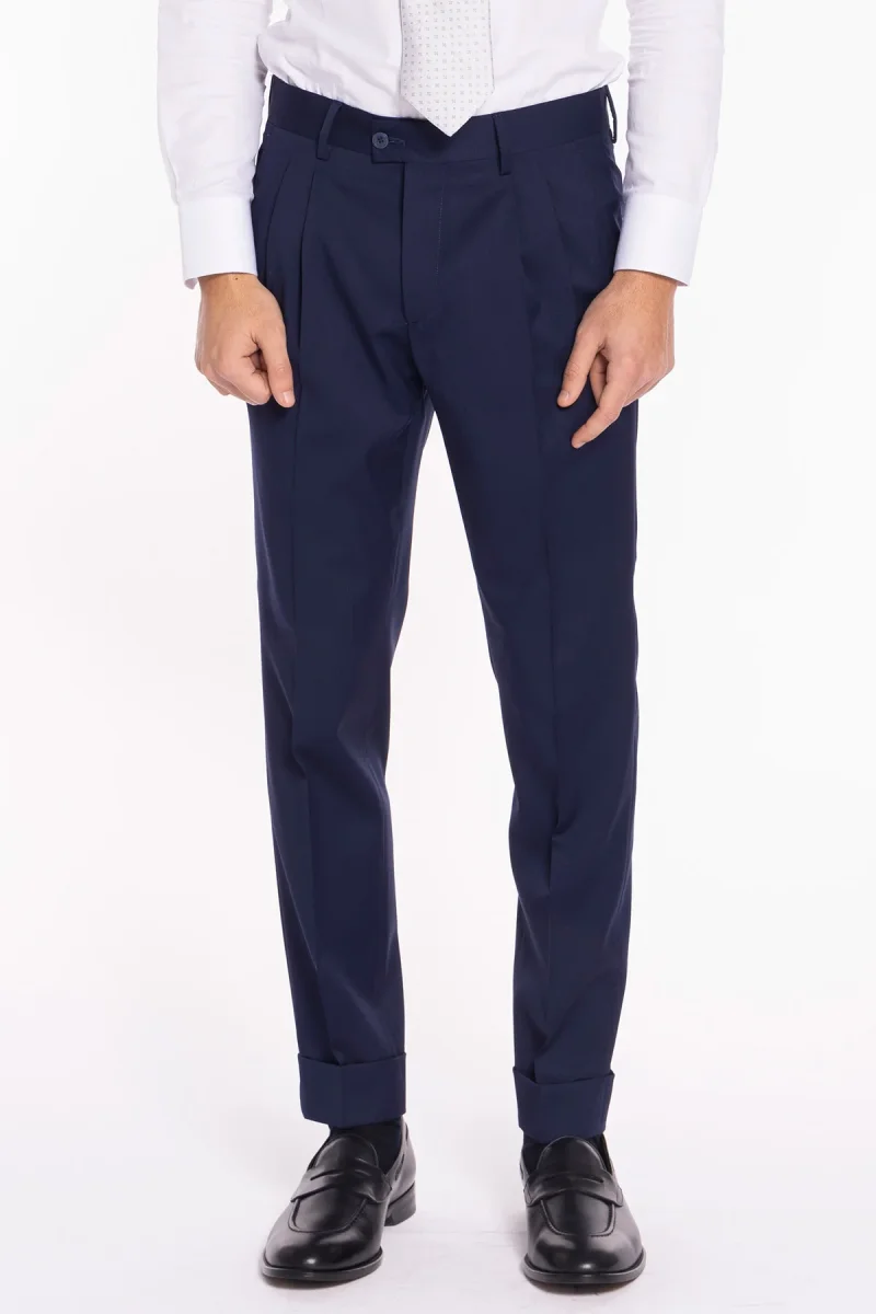 Pantalone uomo blu in fresco lana super 130’s Vitale Barberis Canonico vita alta doppia pinces e risvolto 5cm