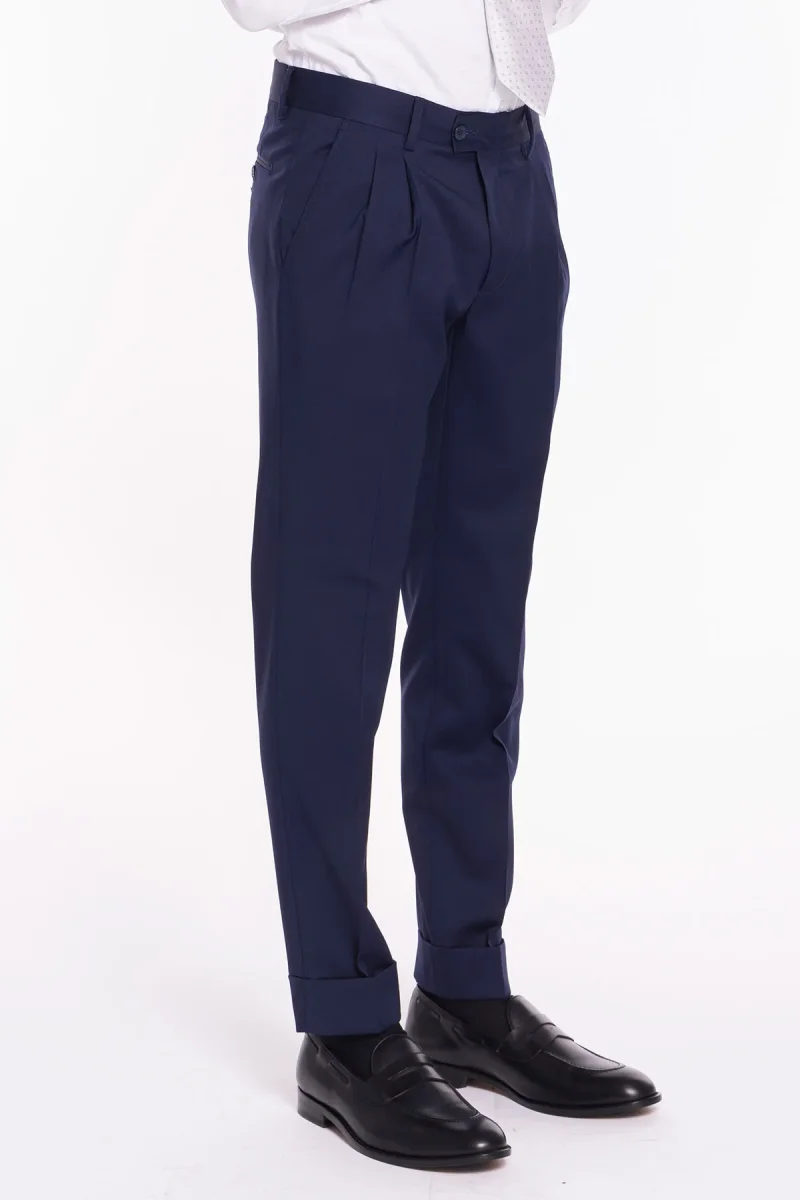 Pantalone uomo blu in fresco lana super 130’s Vitale Barberis Canonico vita alta doppia pinces e risvolto 5cm - immagine 4