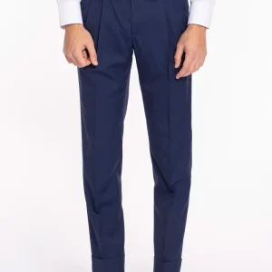 Pantalone uomo blu solaro in lana e seta Holland & Sherry vita alta doppia pinces e risvolto 5cm .