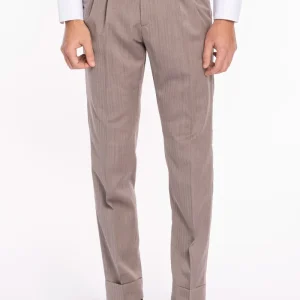 Pantalone uomo fango solaro in lana e seta Holland & Sherry vita alta doppia pinces e risvolto 5cm