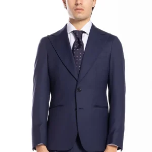 Giacca uomo monopetto blu spigata fresco lana super 130’s Bristol Tessuti Napoli rever a lancia