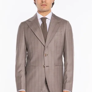 Giacca uomo monopetto beige gessata marrone fresco lana super 150’s Bristol Tessuti Napoli rever a lancia