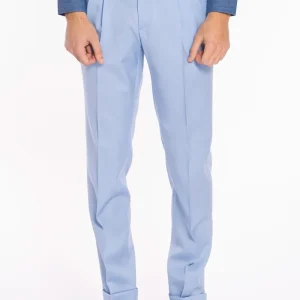 Pantalone uomo azzurro in fresco lana super 130’s Bristol tessuti Napoli vita alta con fibbie laterali .