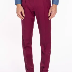 Pantalone uomo color fragola in fresco lana super 130’s Bristol tessuti Napoli vita alta con fibbie laterali