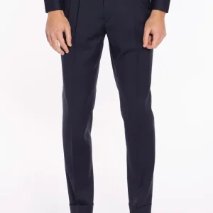 Pantalone uomo blu notte in fresco lana super 130’s Bristol tessuti Napoli vita alta con fibbie laterali