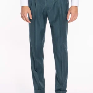 Pantalone uomo verde gessato in fresco lana super 150’s Bristol tessuti Napoli vita alta fibbie laterali
