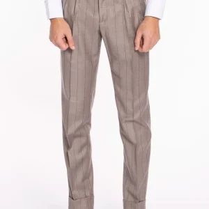 Pantalone uomo beige gessato in fresco lana super 150’s Bristol tessuti Napoli vita alta con fibbie laterali