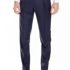 Pantalone uomo blu notte spigato in fresco lana super 130’s Bristol tessuti Napoli vita alta con fibbie laterali