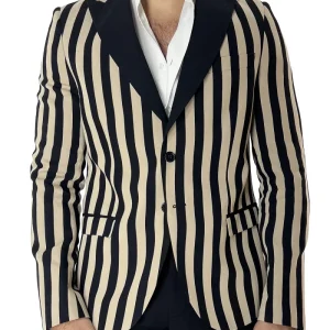 Giacca uomo Smoking beige riga nera monopetto rever a lancia in raso sartoriale