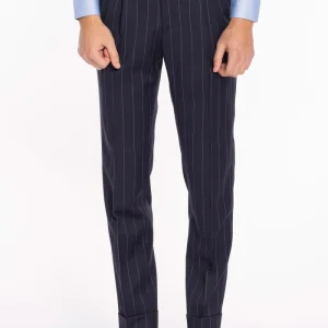 Pantalone uomo blu gessato celeste in fresco lana super 130’s Bristol tessuti Napoli vita alta con fibbie laterali